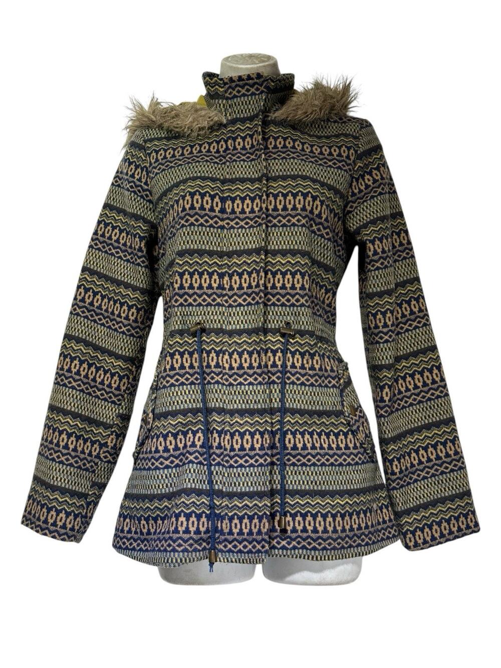 Mossimo Supply Co Women’s Size M Blue Fair Isle Faux Fur Hooded Wool Blend Coat